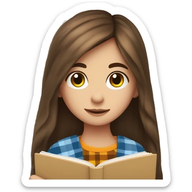 Cute girl with long brown hair reading with a checkered blanket sticker