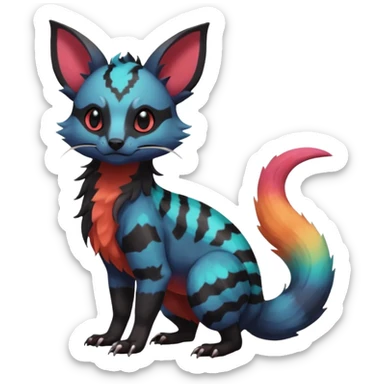 Rare beautiful pretty realistic handsome exotic cute epic aesthetic gothic colorful Salandit-Eevee-Civet-species-Fakemon-hybrid-creature, with markings, full body sticker