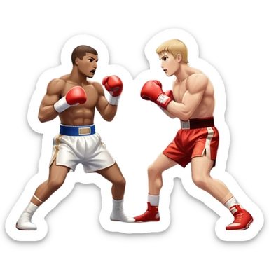 Two professional boxers in the ring fighting for the world championship title. One delivers a powerful straight punch to the head, while the other skillfully dodges. The background shows a brightly lit boxing arena with a roaring crowd. Transparent background sticker