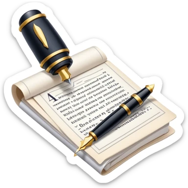 Create an emoji representing journalism and publicistic writing. The design should feature an open newspaper or a stack of articles with visible text columns, symbolizing opinion pieces and analysis. A classic fountain pen or ballpoint pen should be placed near the papers, indicating the act of writing. Optionally, include a small microphone or a press badge to emphasize investigative and journalistic aspects. Use neutral and professional colors like black, white, and muted blue or red. Do not include any emojis or smiley faces. Make the background transparent. sticker