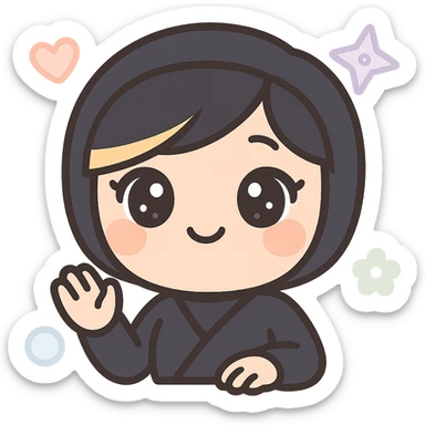 Sexy anime chibi style: kawaii chibi ninja girl with black short hair and a blonde streak, only head and arms, big sparkling anime eyes, rounder face, small mouth, soft shading, pastel colors, clean outlines, transparent background, no mask, hand halfway up, smiling, subtle sexy charm, sized for Twitch emoji use. sticker