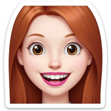 Young girl with pale skin, longer face, full pink lips smiling with big teeth, very long straight auburn hair (lighter ginger, not bright red), big brown eyes, extra large nose, big mouth, slightly asymmetrical features, less conventionally pretty sticker