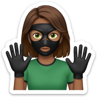 Chico de pelo marrón y ojos verdes, Con un cubre bocas negro, que tiene una camisa verde por encima de una remera blanca, y tiene un guante negro en una sola de las manos. sticker