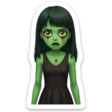 faça uma garota na forma de zumbi com a pele verde, assustada e com os olhos escurod, com o cabelo preto com franja e longo e a roupa decotada preta sticker
