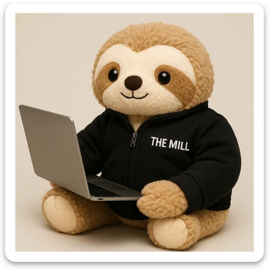 Make this sloth look like a plushy, soft and cuddly toy, inspired by the reference photo, but still wearing a black 'The Mill' jacket and looking business savvy. The style should reflect a plush toy softness and cuddliness. sticker