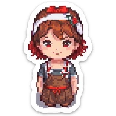 girl with short brown hair and a red headband, pixel art style, facing forward sticker