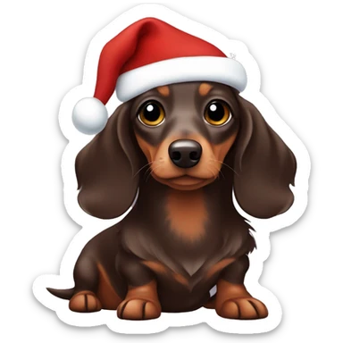 Miniature Chocolate dapple long haired dachshund wearing a Christmas outfit sticker