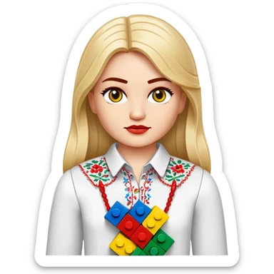 A Ukrainian girl in an embroidered shirt holds Lego bricks sticker