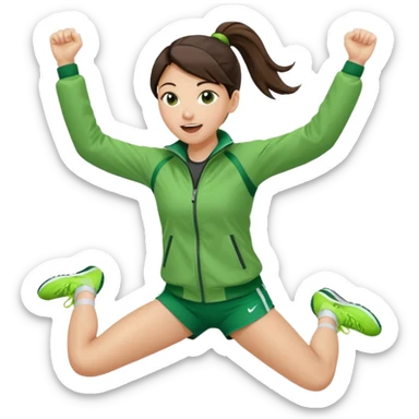 A brunette pony tail hair girl in a sporty green jacket, jumping slightly while cheering loudly. sticker