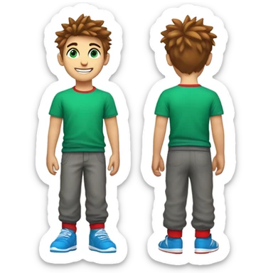 A boy with bright blue eyes, brown spiked hair, a blue smartwatch on his left arm, with a silky red shirt, green soft sweatpants, grey and white socks, and a happy smile with red and black braces sticker