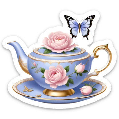 A luxurious Victorian tea set with gold accents, featuring a porcelain teacup filled with herbal tea, surrounded by scattered blush pink rose petals and white peony blossoms, with a periwinkle-tinted pearl butterfly perched on the rim. sticker