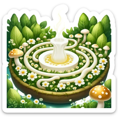 Glowing garden of probiotic foods: yogurt as white flowers, kefir as luminous mushrooms, and fermented vegetables as magical plants. Beneficial bacteria appear as tiny golden lights floating through the garden. The intestine forms a spiraling path surrounded by this magical ecosystem. sticker