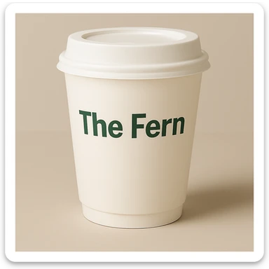 Change the letters that say 'The Fern' to green, keep the friendly, modern font and minimal, clean style on the to-go cup. Maintain the overall minimal and clean aesthetic with a friendly modern font style for the text. sticker