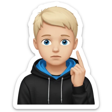 man in black hoodie in thinking pose, blue eyes, right hand raised, index finger touching his chin, eyes looking up to the top right sticker