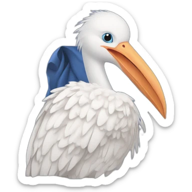  A big white stork carrying a blue bundle of cloth in its beak that has a cute white skinned baby face peeking out from it with black head sticker