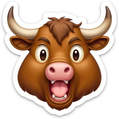 Cinematic Cute Yawning Brown Bull Portrait Emoji, Head tilted slightly with a dramatic, wide-open yawn, showcasing a smooth, rich brown hide with a subtle texture, floppy ears slightly drooping, round dark eyes barely open in drowsy contentment, Simplified yet irresistibly adorable features, highly detailed, glowing with a soft, cozy glow, high shine, relaxed yet expressive, stylized with a touch of rugged whimsy, bright and endearing, soft glowing outline, capturing the essence of a sleepy yet affectionate guardian, so drowsy it feels like it could charge right out of the screen and curl up for a nap! sticker