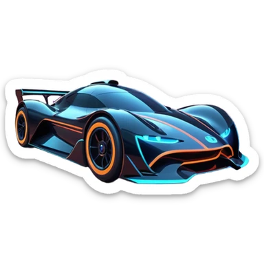 A futuristic racing car with glowing neon lights, sleek aerodynamic design, and a cyberpunk cityscape in the background. The car is speeding through a neon-lit street with high-tech buildings and holograms." sticker