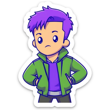 Man with stylish green jacket and purple hair, strong pose, bold expression, modern clothing style sticker