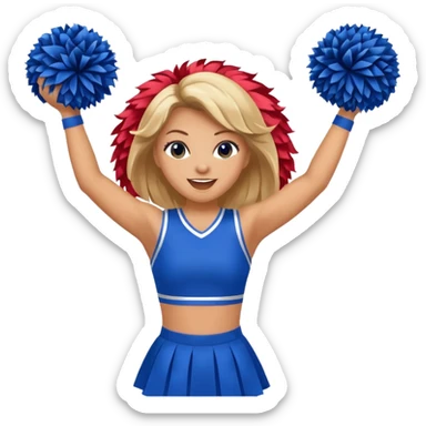football cheerleader, holding big cheering pom, blue dress and red skin sticker