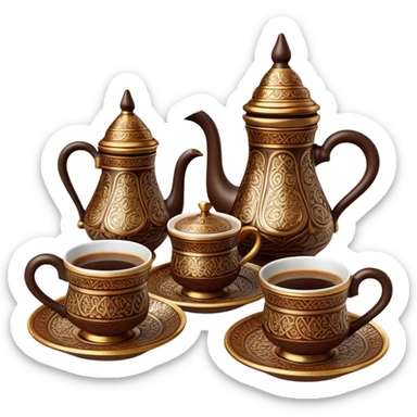 Turkish Coffee Set – Cinematic Realistic Turkish Coffee Set, depicted as an elegantly arranged ensemble of ornate coffee cups and a traditional cezve pot, adorned with intricate patterns and rich, warm colors, rendered with detailed textures and soft ambient lighting that captures its cultural heritage. sticker