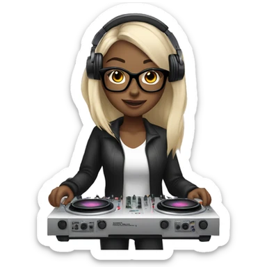 Light toned girl with long black hair with glasses on with headphones on mixing on a dj mixer  sticker