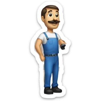 A man with mustache pushing a pallet with a forklift sticker