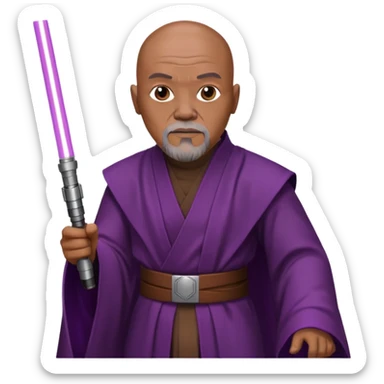 star wars master windu bald head, no facial hair, brown jedi outfit with purple lightsaber sticker