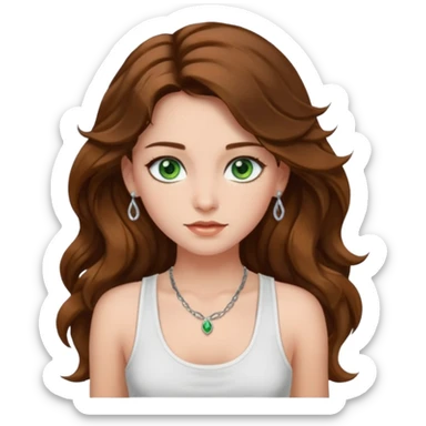 A girl with long brown wavy  hair, green eyes, and a white tank top; she doesn't have bangs. she wear a lot of silver jewerly  sticker