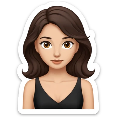 mujer ondulada cabello castaño oscuro ojos café medio pestañas y un vestido negro sticker