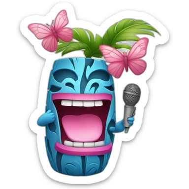 Cartoon Blue and pink tiki singing with butterfly and in the mikrophone sticker