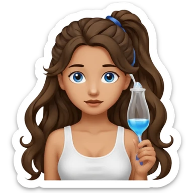 Girl with olive skin, blue eyes, brown dark insanely wavy long hair, white camisole, putting hair in a pony tail sticker