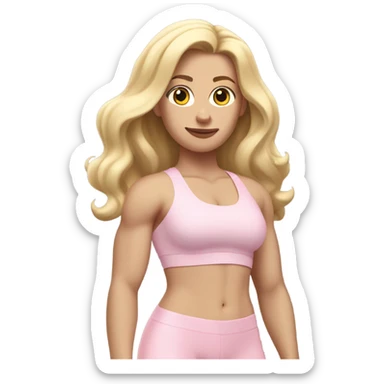 White woman, pale skin, long hair, blonde hair, wavy hair, baby pink sports bra, baby pink leggings, flexing right arm sticker