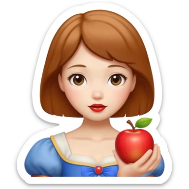 Create an emoji of Snow White holding a red apple, with short golden-brown hair Please create it in a super cute Japanese kawaii emoji style. sticker