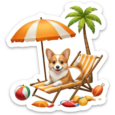 a corgi dog laied on a beach chair, a sunny beach, a sun umbrella, and beach coconut trees. the icon should capture the essence of a relaxing beach vacation with a carefree atmosphere sticker