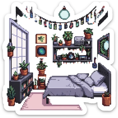 indie bedroom with fairy lights, plants and vinyl records sticker