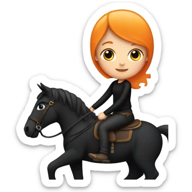 A pale little girl with orange pants on and a black shirt riding a black horse  sticker