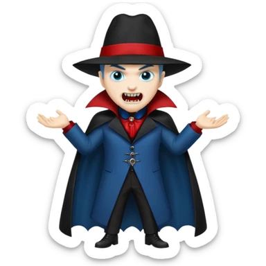 Vampire with blue hat ,black coat with read collared ,teeth looks like vampire with aggression on face and a full body. sticker