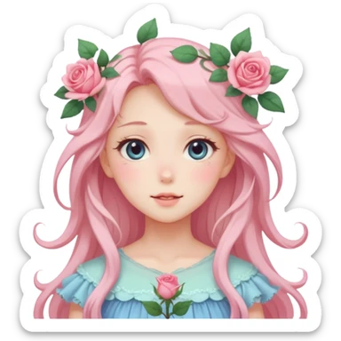 gorgeous pastel anime style lady with blushing face and roses cottagecore fairy sticker