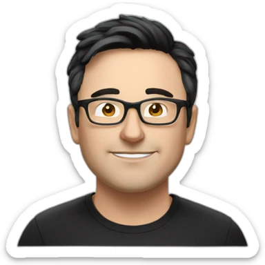 Middle aged lean white man with black hair & glasses wearing Tesla T-shirt inside Black Tesla Model 3 sticker