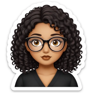 girl, caramel skin, pretty, eyeliner, eyelashes, plus size, brown eyes, black long curly hair, glasses sticker