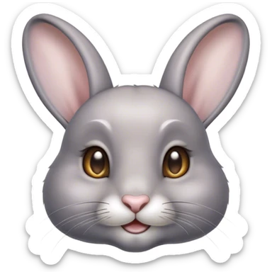 Cinematic Cute Grey Rabbit Portrait Emoji, Head tilted playfully and inquisitively, featuring a silky, smooth grey fur with soft, velvety textures, round, sparkling grey eyes filled with curiosity, Simplified yet irresistibly adorable features, highly detailed, glowing with a warm, friendly glow, high shine, affectionate and gentle, stylized with a touch of whimsy, bright and endearing, soft glowing outline, capturing the essence of a mischievous yet loving bunny, so playful it feels like it could hop out of the screen and into your arms! sticker