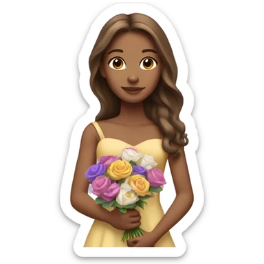 Tan princess with long brown hair holding bouquet of flowers purple pink white yellow sticker