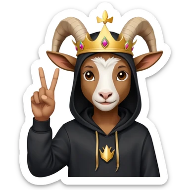 Goat with horns wearing black hoodie and a royal crown do the peace sign sticker
