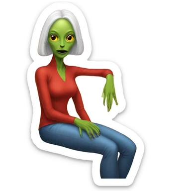 reptilian alien woman in red dress, sitting on a jellow couch  sticker