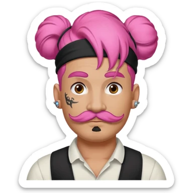 single big bun pink hair man and mustache and face tattoos very heavy and headband sticker