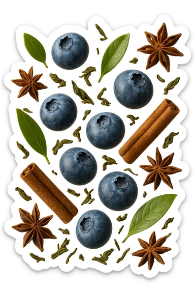 mirtilli, thè verde, spezie, fluttuano in aria, iperrealistico 4k sticker