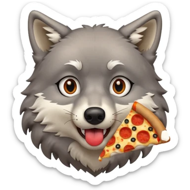 a surprised grey wolf eating a piece of pizza emoji sticker