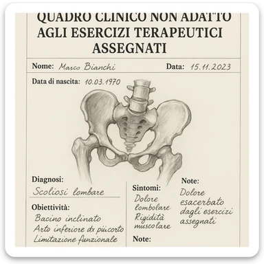 medical record with drawing of tilted pelvis, prominent title 'quadro clinico non adatto agli esercizi terapeutici assegnati', realistic style, clinical details, white background sticker