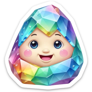 A single pastel rainbow crystal baby rock character, chubby and heavy with a chunky, irregular polygon shape,covered in faceted crystal planes and small chips, big glossy rainbow eyes and a small smiling mout sticker