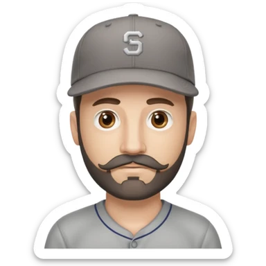 white male with dark brown goatee beard and moustache with grey tones wearing a grey baseball cap back to front with hazel eyes sticker